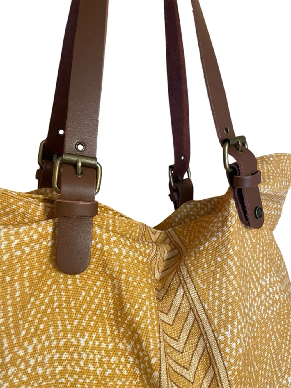 Prana Mustard Yellow Patterned Tote with Brown Straps